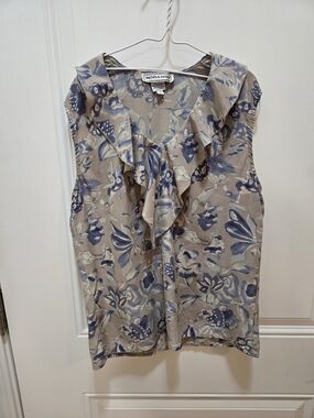 NORA NOH Beige Blue Floral Silk Chiffon Ruffle V-Neck Sleeveless Blouse S